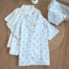 Summer gauze short-sleeved, long pants, short pants, pajama set for women, breathable pure cotton lapel loose cartoon thin home wear Application Scenario